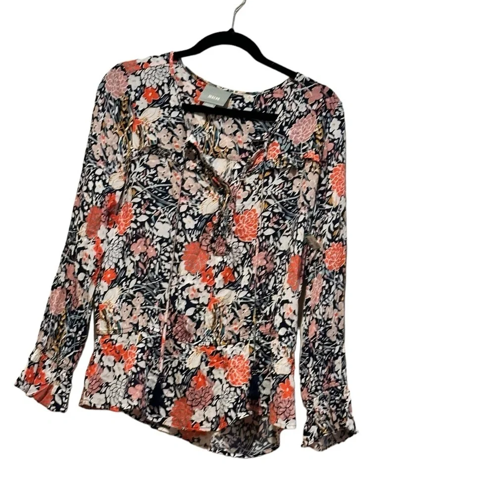 ANTHRO MAEVE PUFF SLEEVE BEGONIA PEPLUM FLORAL TASSEL TIES blouse TOP M